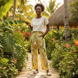 Tahari Tropical Leaf Print Wide Leg Pants Women's XL Linen Blend Drawstring